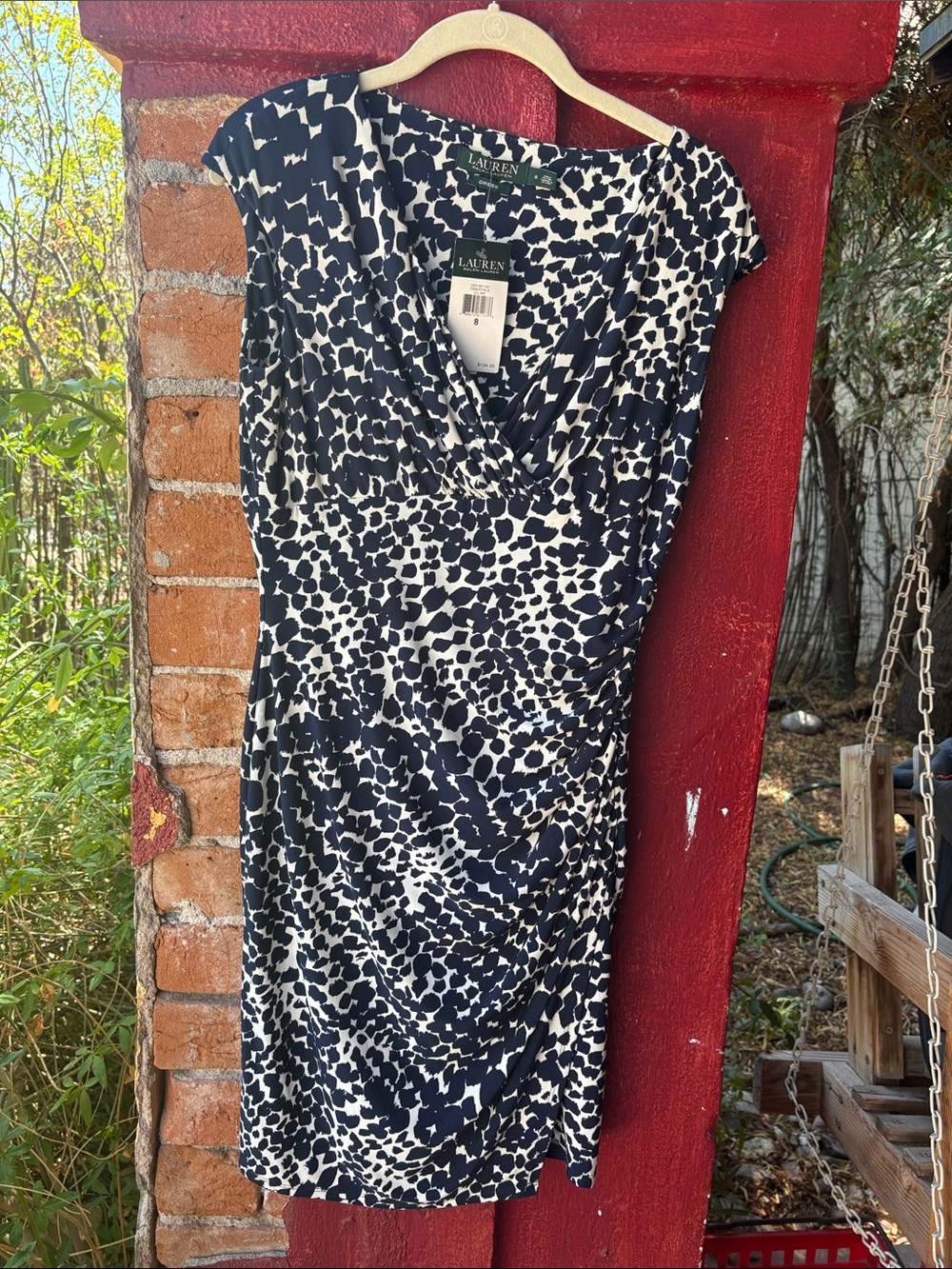 Lauren Ralph Lauren Navy and White Printed Cap-Sleeve Sheath Dress